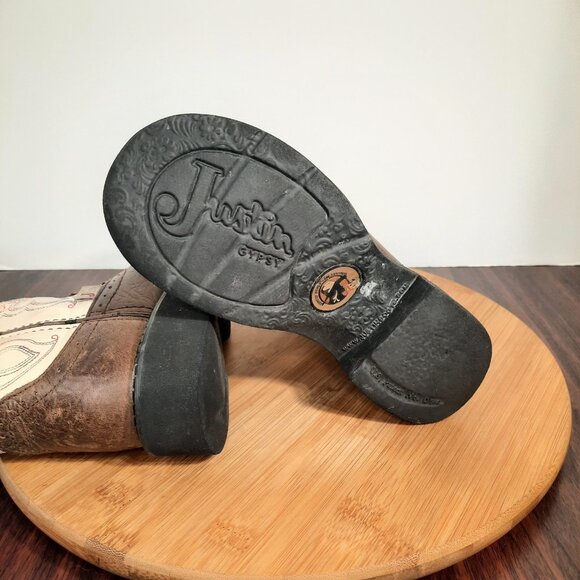 Justin Gypsy Girls Size 12 Boots Cream Brown Leather Pull On Western Cowgirl - Picture 8 of 10